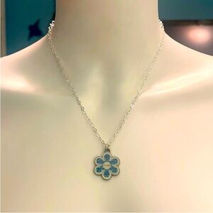 COACH Blue & Silver Enamel Flower Pendant on 0.925 Sterling Silver Necklace, EUC